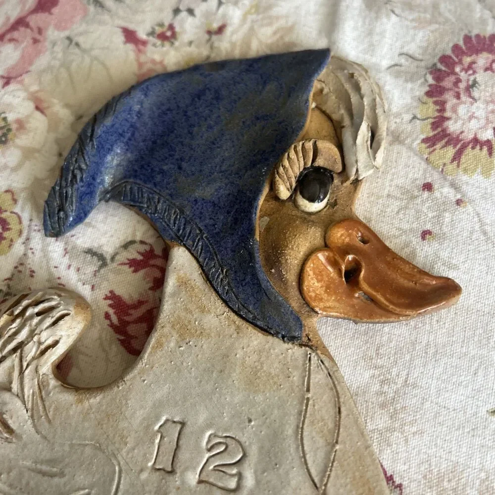 Vtg Handmade Ceramic Goose Wall Clock Cottage Country Grandma Quirky Geese